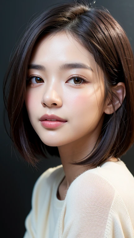 (((Close-up of face)))、(((Absolutely shoulder-length brown straight short bob)))、(((She is posing like a hair salon model, with a black wall indoors as the background.)))、(((Casual black winter long sleeves with shoulders covered)))、Half Japanese, half Korean、18 year old girl、Standing Alone、Looking forward、Light eye makeup、Brown Hair Color、Flat and 、Hair blowing in the wind、Actress Quality、Glossy, ultra-realistic face、Smiling face、Watery eyes、Gazing Up、Subtle lighting effects、 Ultra-Realistic Capture、Very detailed、High resolution 16K close up of human skin。Skin texture must be natural、The details must be such that pores can be clearly seen、The skin is healthy、Uniform tone、Use natural light and colors、A worn-out, high-quality photo taken by a model agency&#39;s in-house photographer.、smile、(((SIGMA 300 mm F/1.4,1/1000 sec shutter,ISO 400))) 