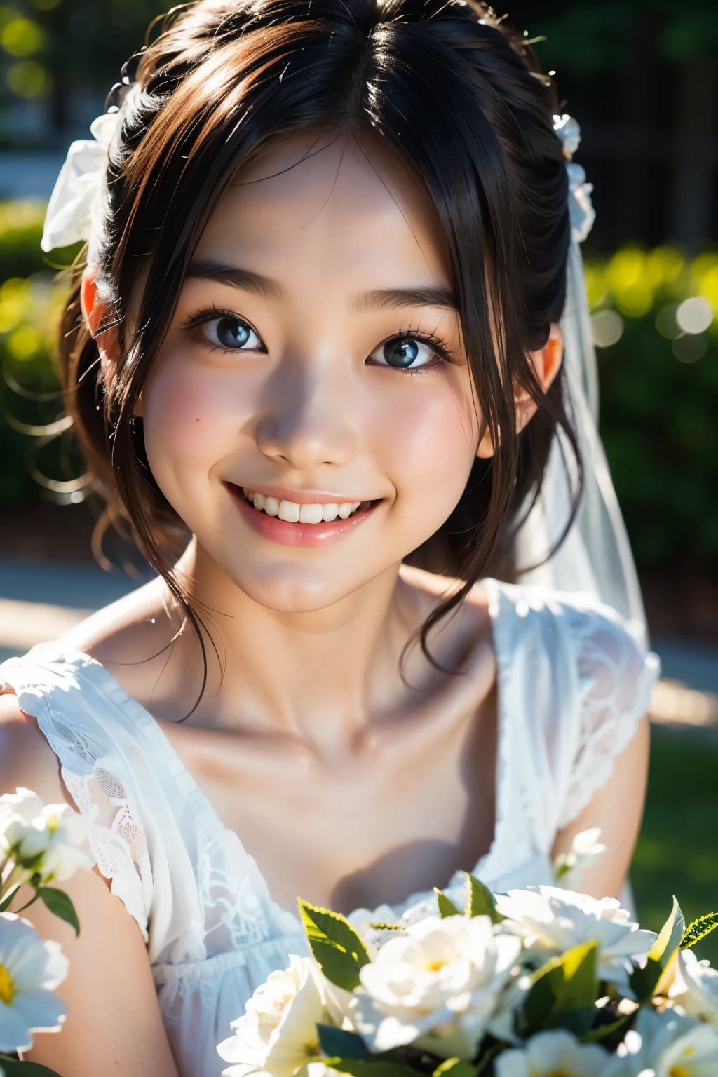 lens: 135mm f1.8, (highest quality),(RAW Photos), (Tabletop:1.1), (Beautiful 19 year old Japanese girl), Cute face, (Deeply chiseled face:0.7), (freckles:0.4), dappled sunlight, Dramatic lighting, Wedding dress, (On campus), shy, (Close-up shot:1.2), (smile),, (Sparkling eyes)、(sunlight)