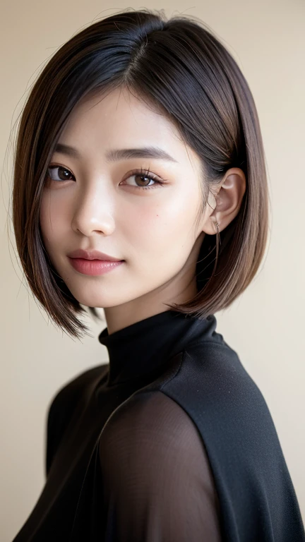 (((Close-up of face)))、(((Absolutely shoulder-length brown straight short bob)))、(((She is posing like a hair salon model, with a black wall indoors as the background.)))、(((Casual black winter long sleeves with shoulders covered)))、Half Japanese, half Korean、18 year old girl、Standing Alone、Looking forward、Light eye makeup、Brown Hair Color、Flat and 、Hair blowing in the wind、Actress Quality、Glossy, ultra-realistic face、Smiling face、Watery eyes、Gazing Up、Subtle lighting effects、 Ultra-Realistic Capture、Very detailed、High resolution 16K close up of human skin。Skin texture must be natural、The details must be such that pores can be clearly seen、The skin is healthy、Uniform tone、Use natural light and colors、A worn-out, high-quality photo taken by a model agency&#39;s in-house photographer.、smile、(((SIGMA 300 mm F/1.4,1/1000 sec shutter,ISO 400))) 