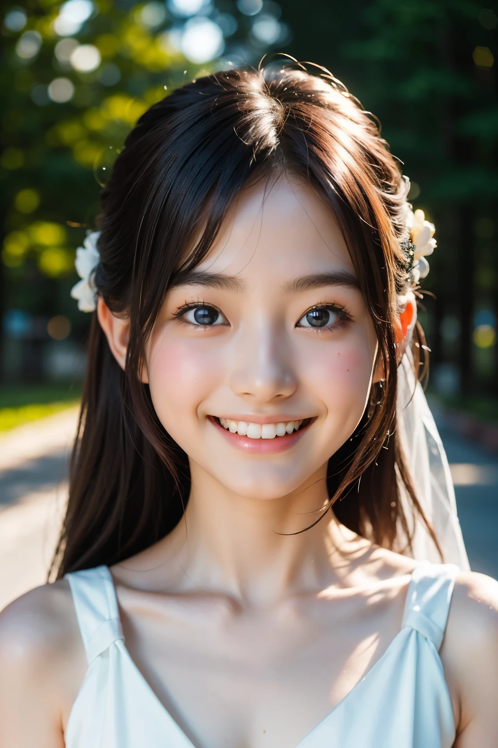 lens: 135mm f1.8, (highest quality),(RAW Photos), (Tabletop:1.1), (Beautiful 19 year old Japanese girl), Cute face, (Deeply chiseled face:0.7), (freckles:0.4), dappled sunlight, Dramatic lighting, Wedding dress, (On campus), shy, (Close-up shot:1.2), (smile),, (Sparkling eyes)、(sunlight)