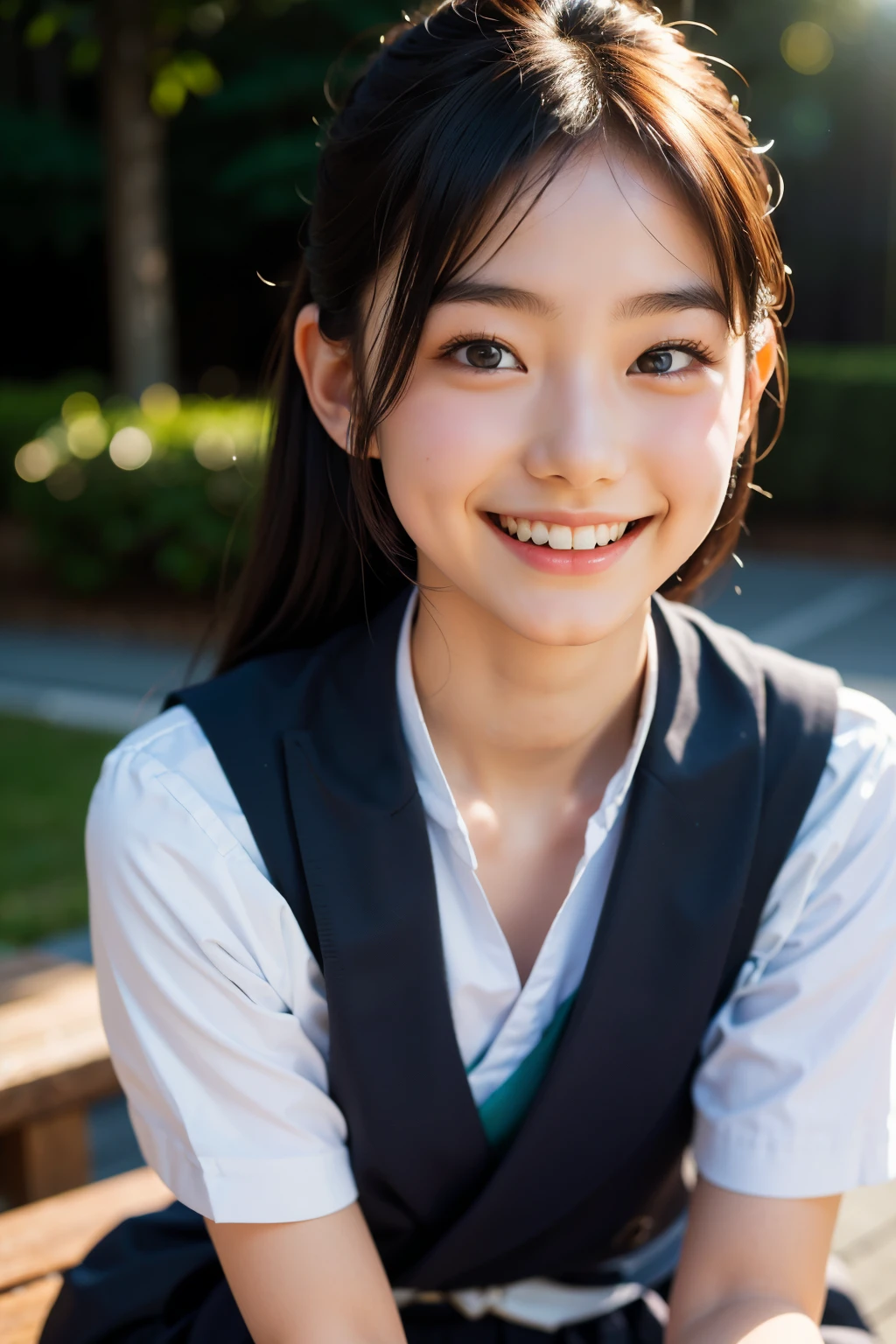 lente: 135 mm f1.8, (de la máxima calidad),(Fotos CRUDAS), (Mesa:1.1), (Hermosa chica japonesa de 20 años.), Cara linda, (Cara profundamente cincelada:0.7), (pecas:0.4), dappled luz de sol, iluminación dramática,  (uniforme escolar japonés), (en el campus), tímido, (fotografía de cerca:1.2), (sonrisa),, (ojos chispeantes)、(luz de sol)