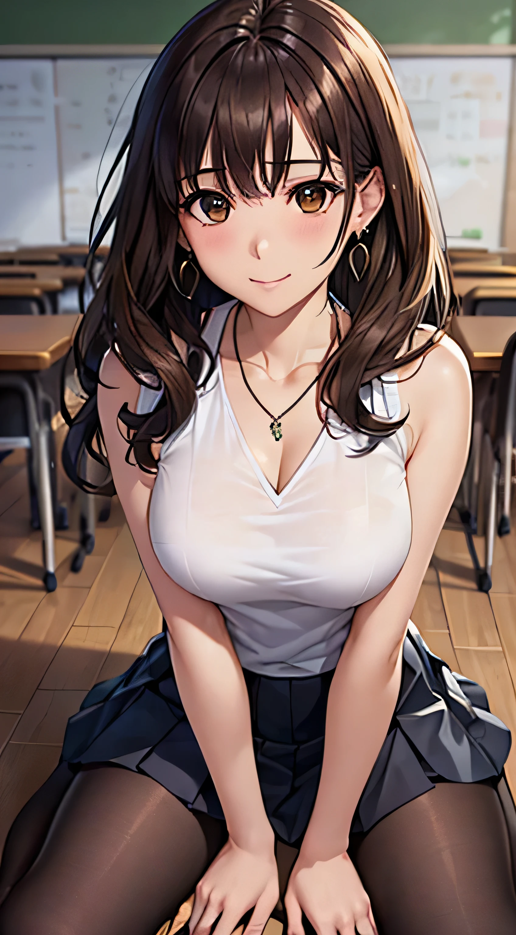 (Tabletop, highest quality, High resolution, , Perfect Pixel, 4K,), 1 girl, single, alone, Beautiful woman、I could see the whole body、 ((Wavy mid-length hair, bangs, Brown Hair)), ((Brown eyes, Beautiful eyelashes, Realistic eyes)), ((Detailed face, blush:1.2)), ((Smooth texture:0.75, Realistic texture:0.65, Realistic:1.1, Anime CG Style)), Medium Chest, Dynamic Angle, Perfect body, female teacher、((, White sleeveless top、Long pleated skirt、Black Stockings、Cute Necklace、Earrings、)), look up、A shy smile、Accentuate your breasts、Put your hands behind your back and stick out your chest、)、Angle from below、classroom、Sitting on the floor、、