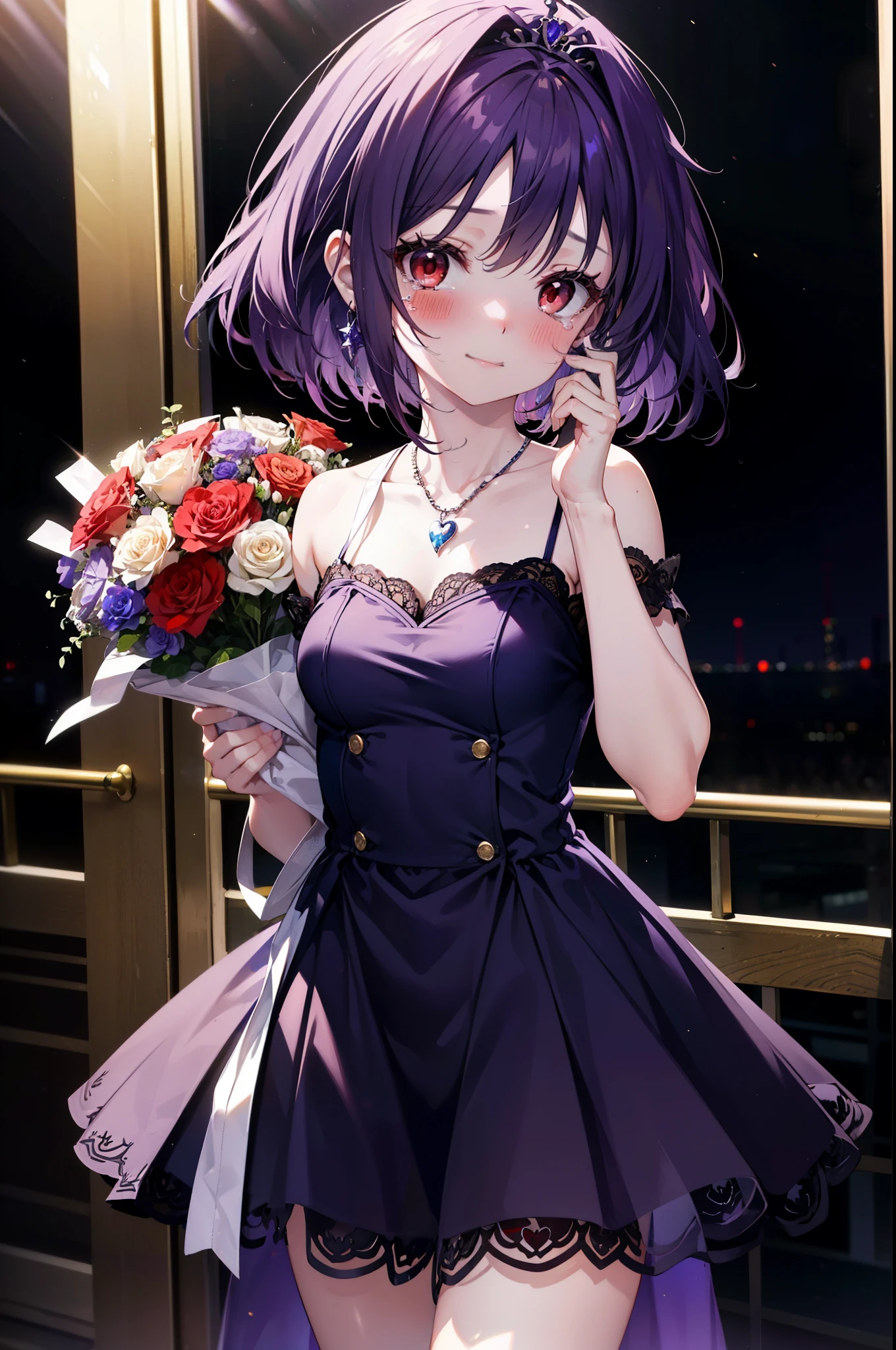 Yuukikonno, Yuki Konno,cheveux longs, tiare,oreilles pointues, cheveux violets, (les yeux rouges:1.5), (Petits seins:1.2), sourire,robe violette,jupe longue violette,talons aiguilles violets,Sans manches,Exposez vos épaules,Bras nus,Cou nu,clavicule nue,Elle tient un grand bouquet de fleurs à deux mains.,Il y a un gros gâteau sur la table,Collier Coeur,Les larmes coulent sur son visage,Larmes de joie,je pleure beaucoup,上から下へ覗き込む
casser indoors,  Lieu,sur scène,
casser looking at viewer, Haut du corps, (tir de cow-boy:1.5), 
casser (chef-d&#39;œuvre:1.2), la plus haute qualité, haute résolution, unité 8k fond d&#39;écran, (forme:0.8), (beaux détails:1.6), Visage très détaillé, éclairage parfait, CG extrêmement détaillé, (des mains parfaites, Anatomie parfaite),