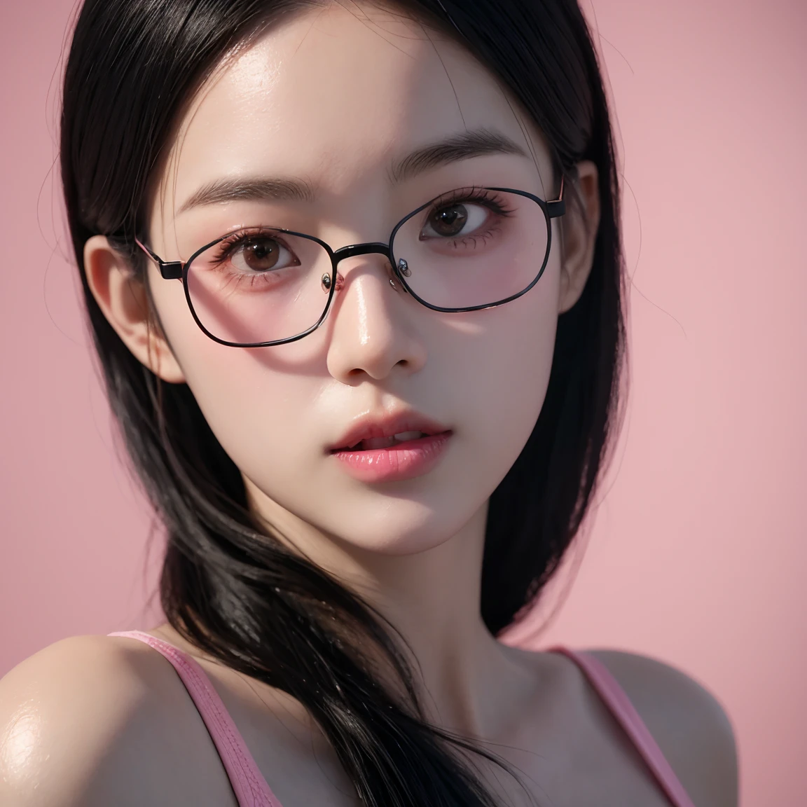 Close-up of a woman with black hair, artwork in Guvez style, Guvez, kawaii realistic portrait, Inspired by Cheng Yanjun, glowing Pink face, Pink girl, Beautiful anime portrait, Pink glasses, glowing Pink eyes, Realistic anime 3D style, Yanjuncheng, Realistic anime art style, ((Pink)8K