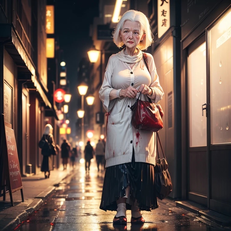 (White-haired Throw out back old woman:1.3),Walking through the city late at night,Elegant cardigan and skirt,(dripping blood carry bag:1.3)