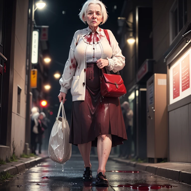 Images that make feel uneasy,(White-haired Throw out back old woman:1.3),Walking through the city late at night,Elegant cardigan and skirt,(dripping blood carry bag:1.3)