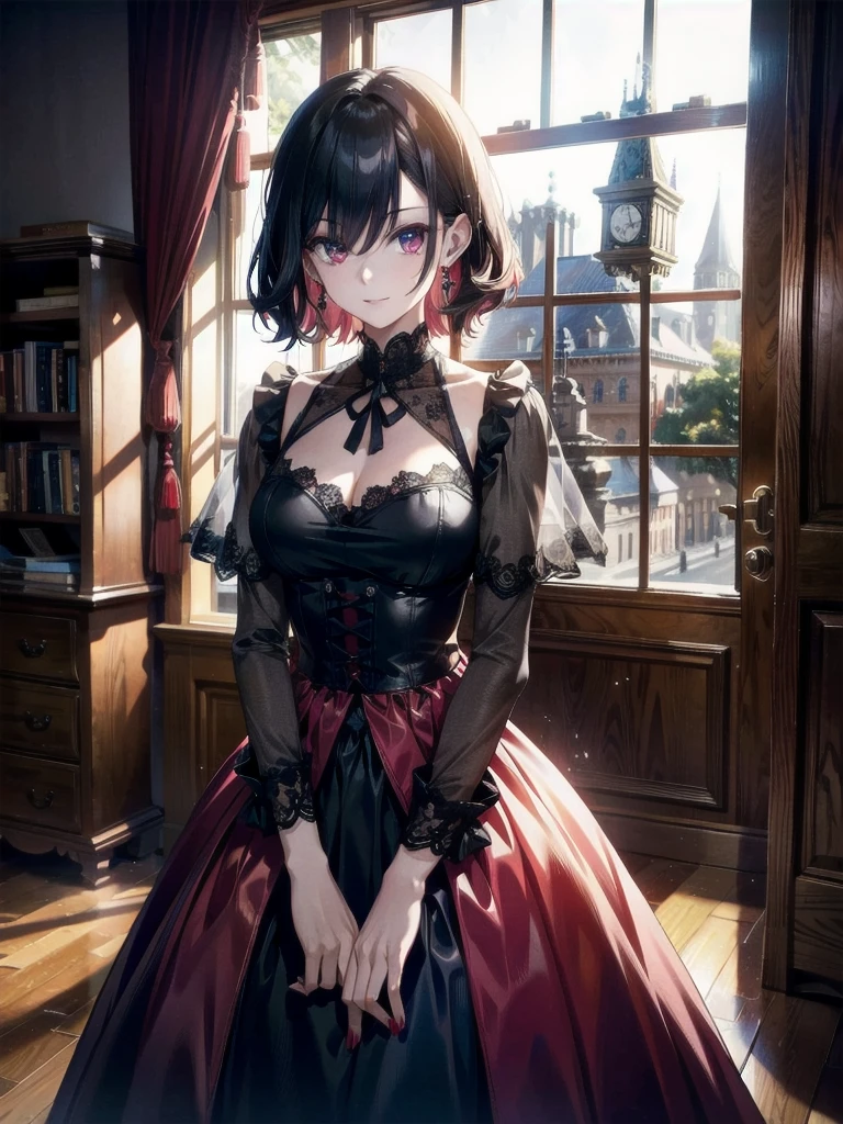 whole body, Gothic red dress, vampire, (in castle), creepy smile, absurdres, RAW photo, extremely delicate and beautiful, masterpiece, Best Quality, ultra high resolution, 32k, hyperrealistic, ultra-detailed, detailed description, pale skin, 20 years old, detailed beautiful face and eyes, tearful mole, earring, Colossal tits, short medium hair, wavy hair,　