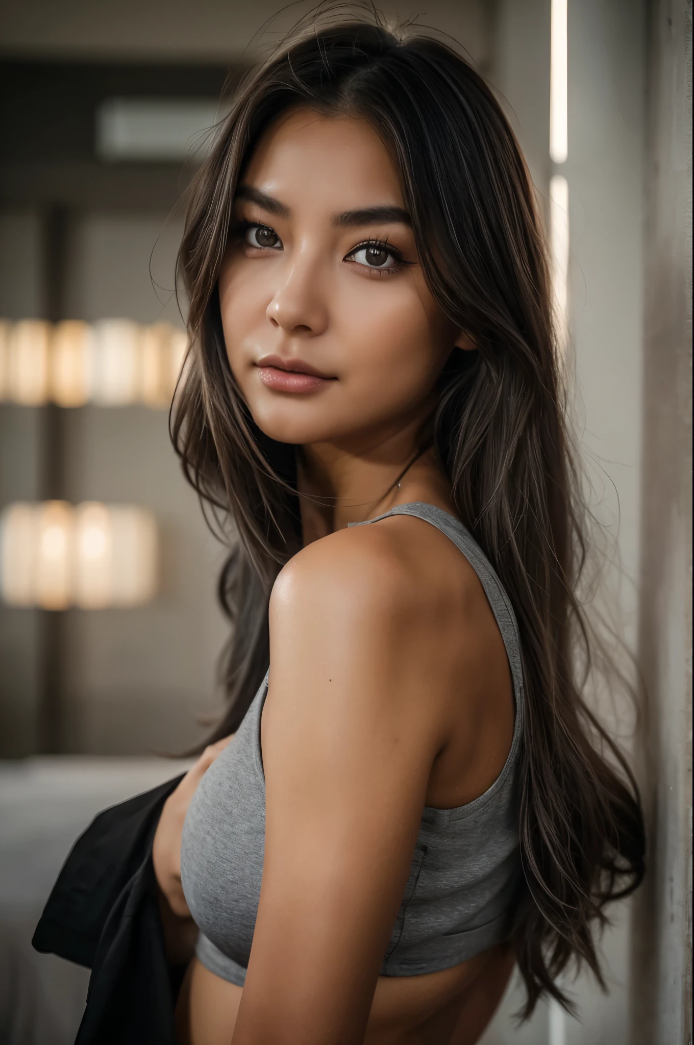 Face portrait, asian woman, 24yo, Long hair, (black hair), ((grey natural eye colour)), ((smooth fine natural skin)), experimentelles Makeup, athletic body, artist, Vintage clothing, day lights, DSLR Camera