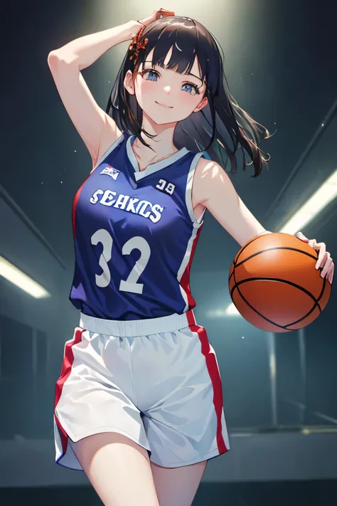 (8k, raw photo, best quality, masterpiece:1.2)、beautiful fine details, highly detailed face, , ,、smile、((basketball uniform))、(u...