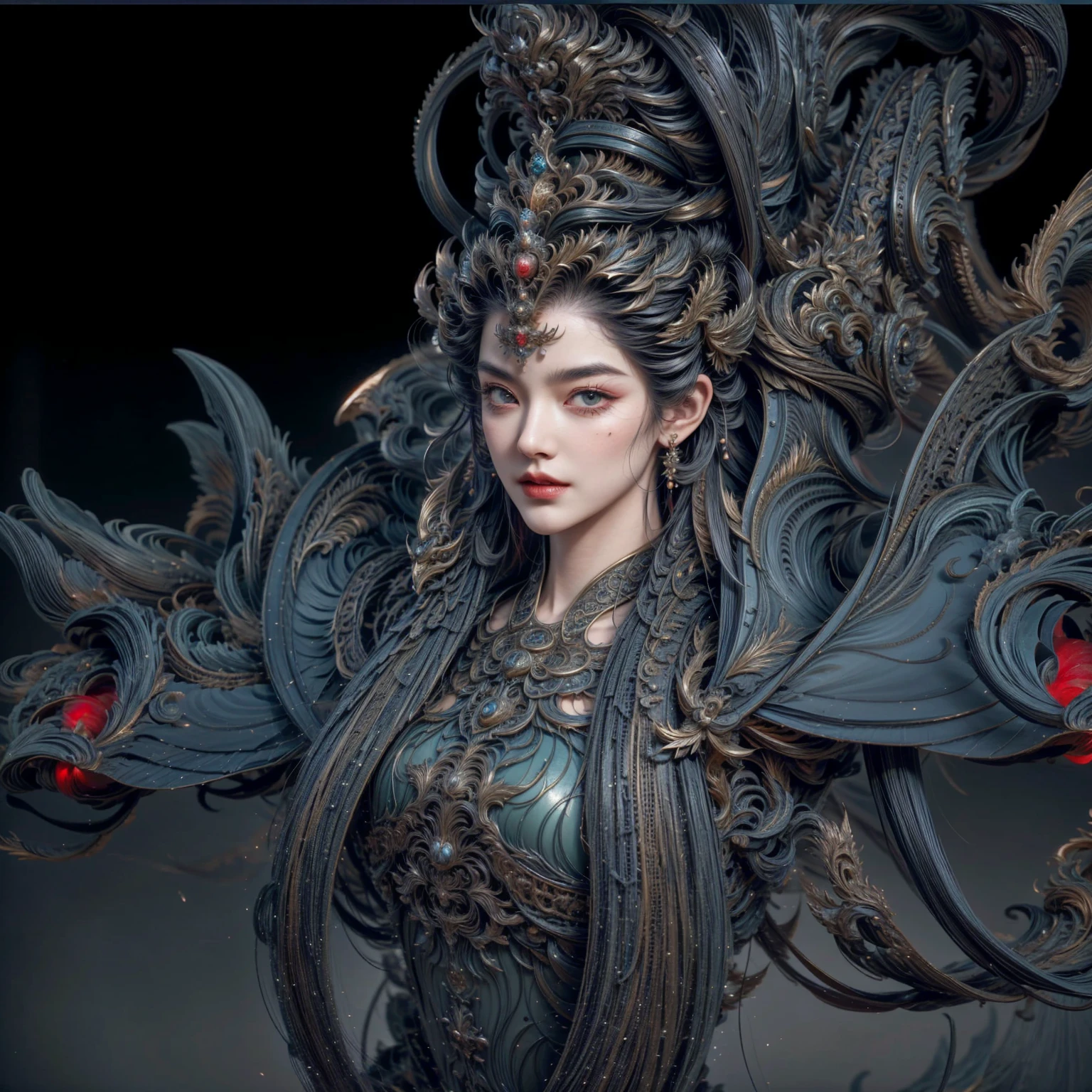 Close-up of a woman with long hair and crown, Super detailed fantasy characters, goddess. extremely high detail, Brushes contest winner, Extremely detailed face and body, Zrash Central Contest Winner, 3d goddess肖像, Complicated, Made with Zalash, Detailed face and body, 极其细致的goddess照, @ Brushes, Detailed Matte Fantasy Portrait，Black Armor，Red silk garment，black hair, wince, longeyelashes, solid circle eyes, light smile, ear blush, expressive hair, hair strand, black hair, Surrealism, drop shadow, anaglyph, stereogram, tachi-e, pov, atmospheric perspective, 8k, super detail, ccurate, best quality, highres, award winning