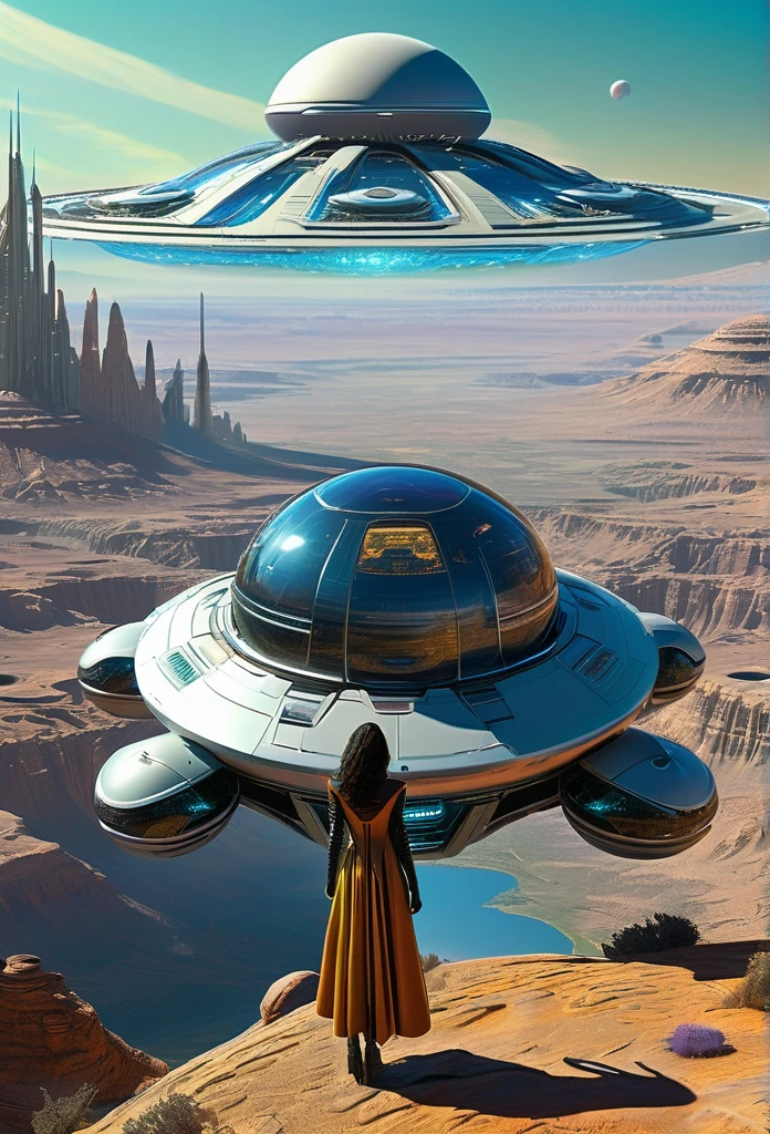 A masterpiece picture of a woman in extraterrestrial suite, gazing at the Saturn, she is on her futuristic cyberpunk Extraterrestrial All Terrain hover Vehicle, with the earthlings colony magnificent City at the valley in a far distance, insanely detailed futuristic scene background, ultra realistic, Don Lawrence style, ultra high resolution, ultra high definition, 8k, RAW, octane render