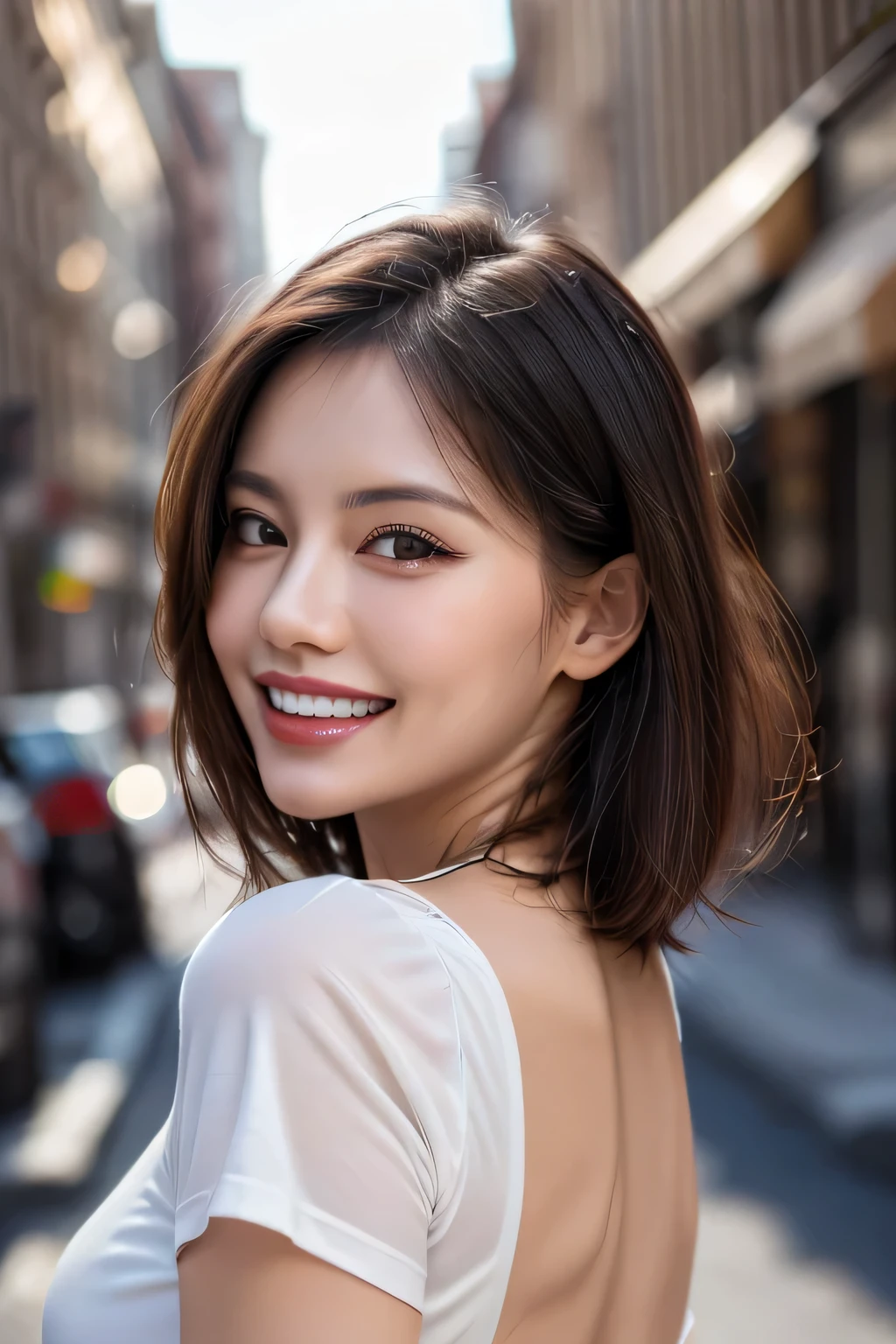 (8k, RAW Photos, highest quality, masterpiece, Realistic, Realistic), (1 female), (Ultimate beauty), Highly detailed face, (Perfect Teeth), Beautiful Eyes, double eyelid, eyelash, smile, Lip details, (Neat brunette bob), The light shines on your face, Big Breasts, ((Colorful mini dresses)), (background: none),  Background blur