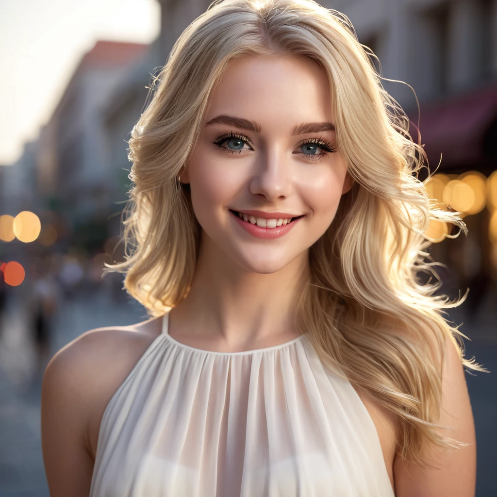 Best quality, masterpiece, high resolution, 1girl, short flared white chiffon dress, SMILE, closed mouth,lips, Long blonde hair, Beautiful detailed eyes,detailed eyelash, beautiful face,sur_corps, Tyndall effect,photorealistic, rim lighting, two-tone lighting,(very detailed skin:1. 2), 8k uh, DSLR, soft lighting, High quality, volumetric lighting, Candide, photograph, High resolution, 4k, 8k, Bokeh, downtown, afternoon