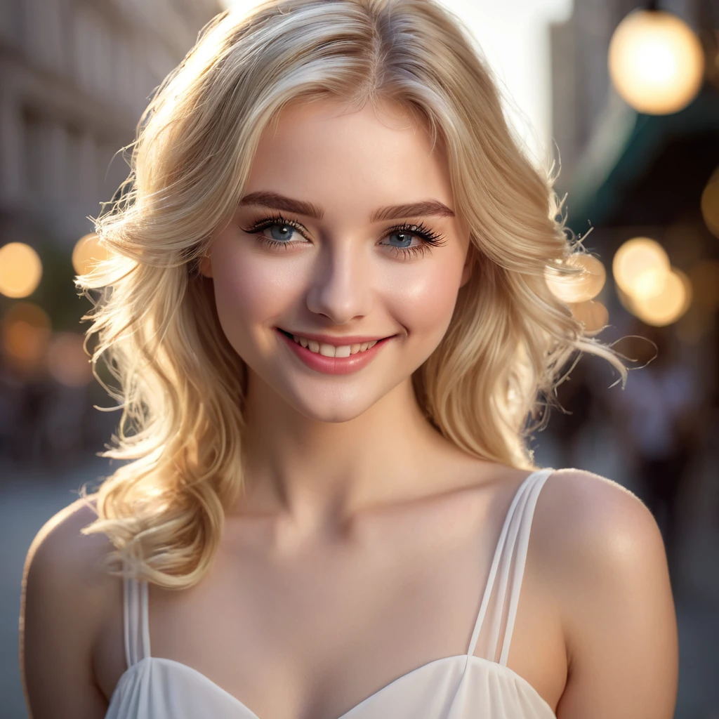 Best quality, masterpiece, high resolution, 1girl, short flared white chiffon dress, SMILE, closed mouth,lips, Long blonde hair, Beautiful detailed eyes,detailed eyelash, beautiful face,sur_corps, Tyndall effect,photorealistic, rim lighting, two-tone lighting,(very detailed skin:1. 2), 8k uh, DSLR, soft lighting, High quality, volumetric lighting, Candide, photograph, High resolution, 4k, 8k, Bokeh, downtown, afternoon