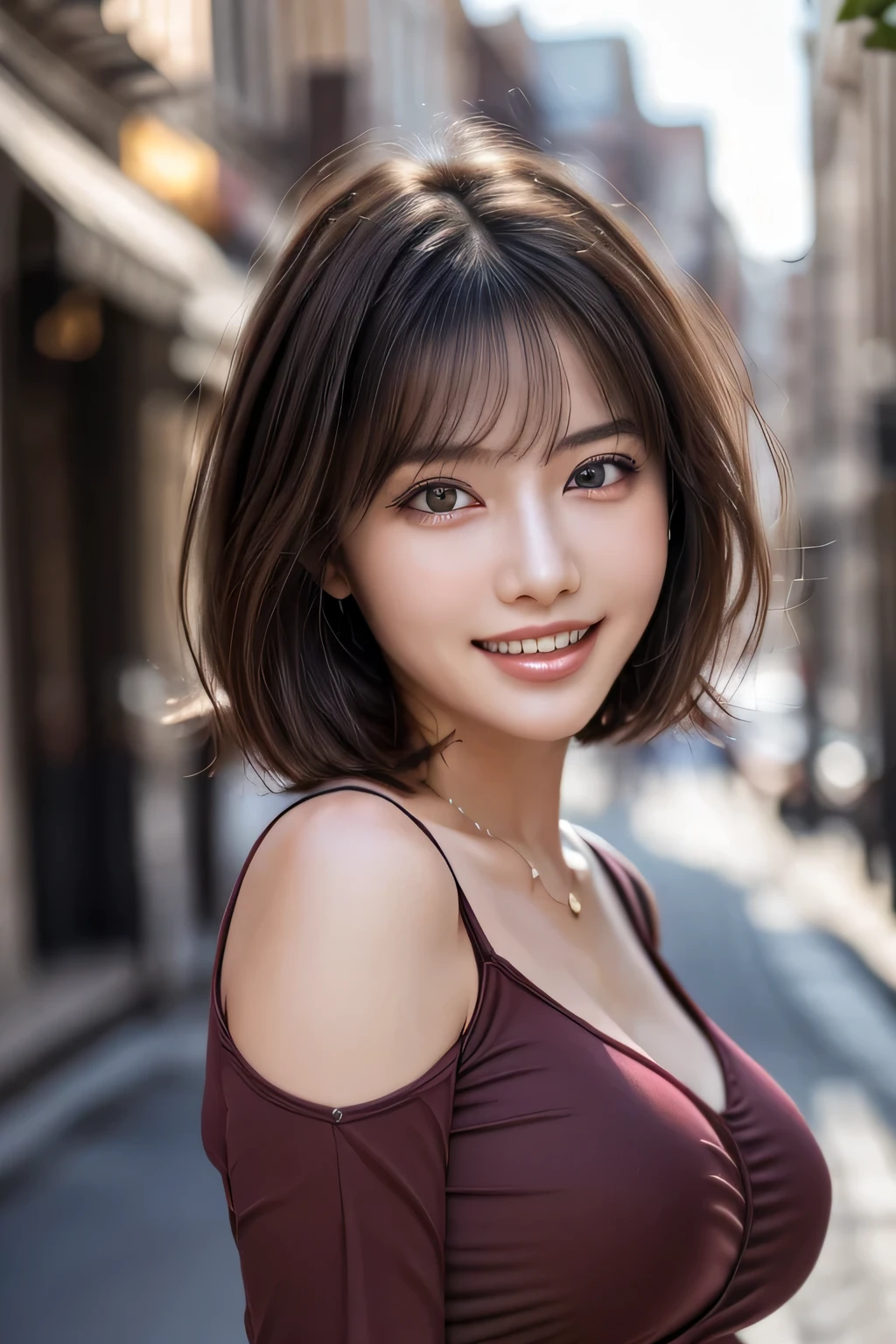 (8k, RAW Photos, highest quality, masterpiece, Realistic, Realistic), (1 female), (Ultimate beauty), Highly detailed face, (Perfect Teeth), Beautiful Eyes, double eyelid, eyelash, smile, Lip details, (Neat brunette bob), The light shines on your face, Big Breasts, ((Colorful mini dresses)), (front view), (background: none),  Background blur