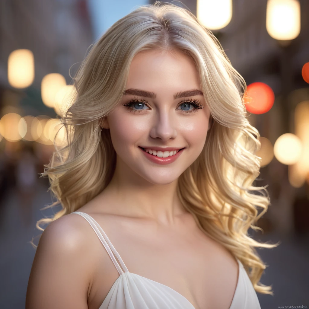 Best quality, masterpiece, high resolution, 1girl, short flared white chiffon dress, SMILE, closed mouth,lips, Long blonde hair, Beautiful detailed eyes,detailed eyelash, beautiful face,sur_corps, Tyndall effect,photorealistic, rim lighting, two-tone lighting,(very detailed skin:1. 2), 8k uh, DSLR, soft lighting, High quality, volumetric lighting, Candide, photograph, High resolution, 4k, 8k, Bokeh, downtown, afternoon