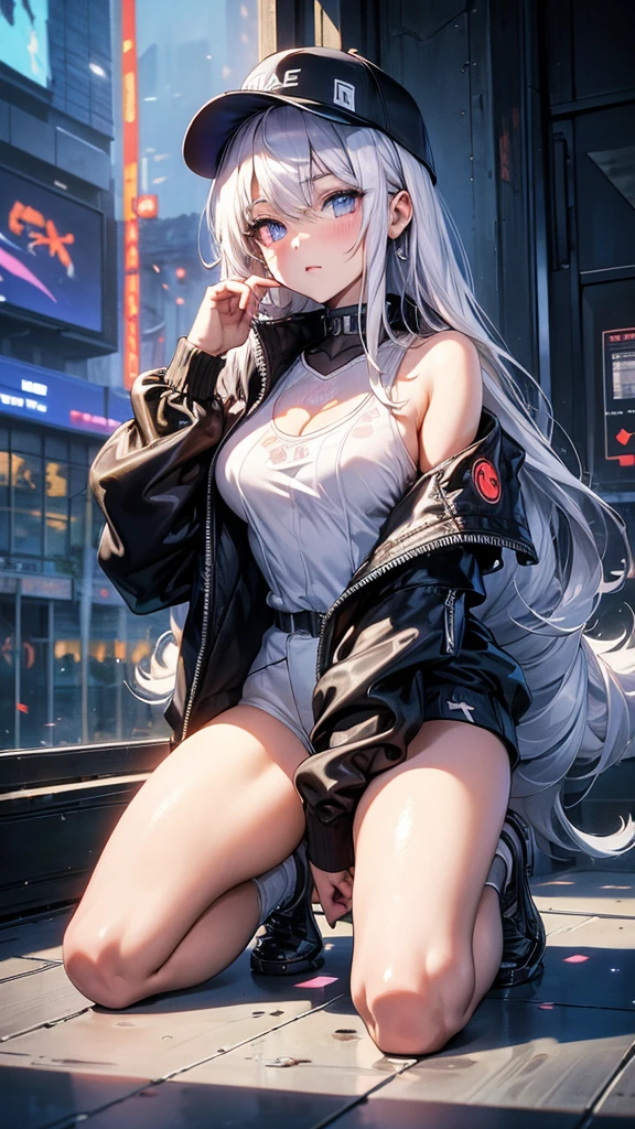 masterpiece, best quality, 4k, UHD, mishoujo, beautiful eyes and detailed face, illustration, beautiful detailed, high resolution illustration, glowing_white_particles, 1girl, white hair, light purple eye, hair over one eye, short side tail, baseball cap, expressionless, window shade, black jacket, chest rig, cyberpunk, techwear, (Impressionism:1.4), full body portrait, cyberpunk city background, looking serious, kneeling