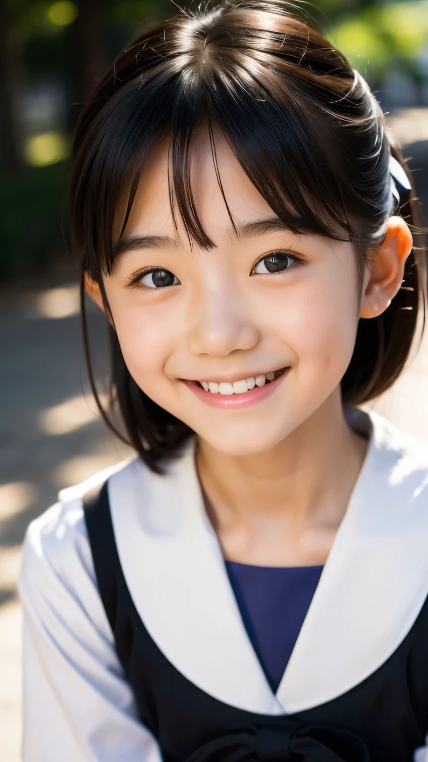 lens: 135mm f1.8, (highest quality),(RAW Photos), (Tabletop:1.1), (Beautiful 8 year old Japanese girl), Cute face, (Deeply chiseled face:0.7), (freckles:0.4), dappled sunlight, Dramatic lighting, (Japanese School Uniform), (On campus), shy, (Close-up shot:1.2), (smile),, (Sparkling eyes)、(sunlight)