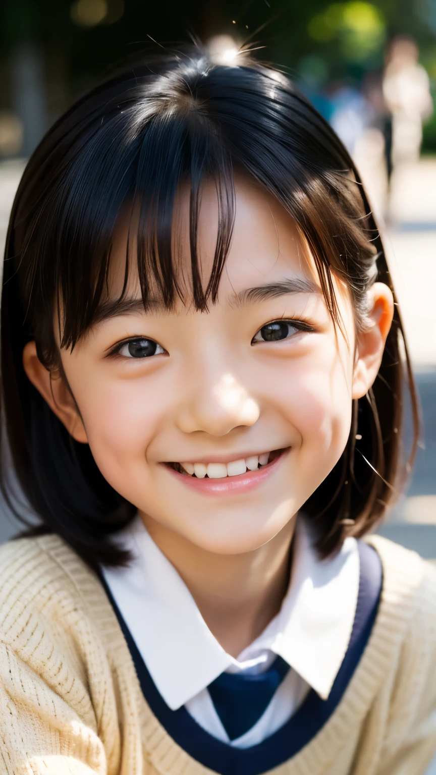 lens: 135mm f1.8, (highest quality),(RAW Photos), (Tabletop:1.1), (Beautiful 8 year old Japanese girl), Cute face, (Deeply chiseled face:0.7), (freckles:0.4), dappled sunlight, Dramatic lighting, (Japanese School Uniform), (On campus), shy, (Close-up shot:1.2), (smile),, (Sparkling eyes)、(sunlight)