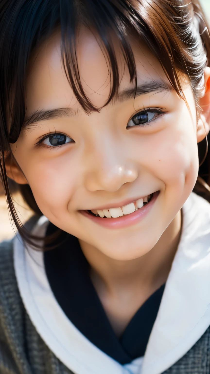 lente: 135mm f1.8, (mais alta qualidade),(Fotos RAW), (Mesa:1.1), (Linda menina japonesa de 8 anos), rosto fofo, (Rosto profundamente esculpido:0.7), (sardas:0.4), dappled luz solar, iluminação dramática, (uniforme escolar japonês), (No campus), tímido, (close-up:1.2), (Sorriso),, (olhos brilhantes)、(luz solar)