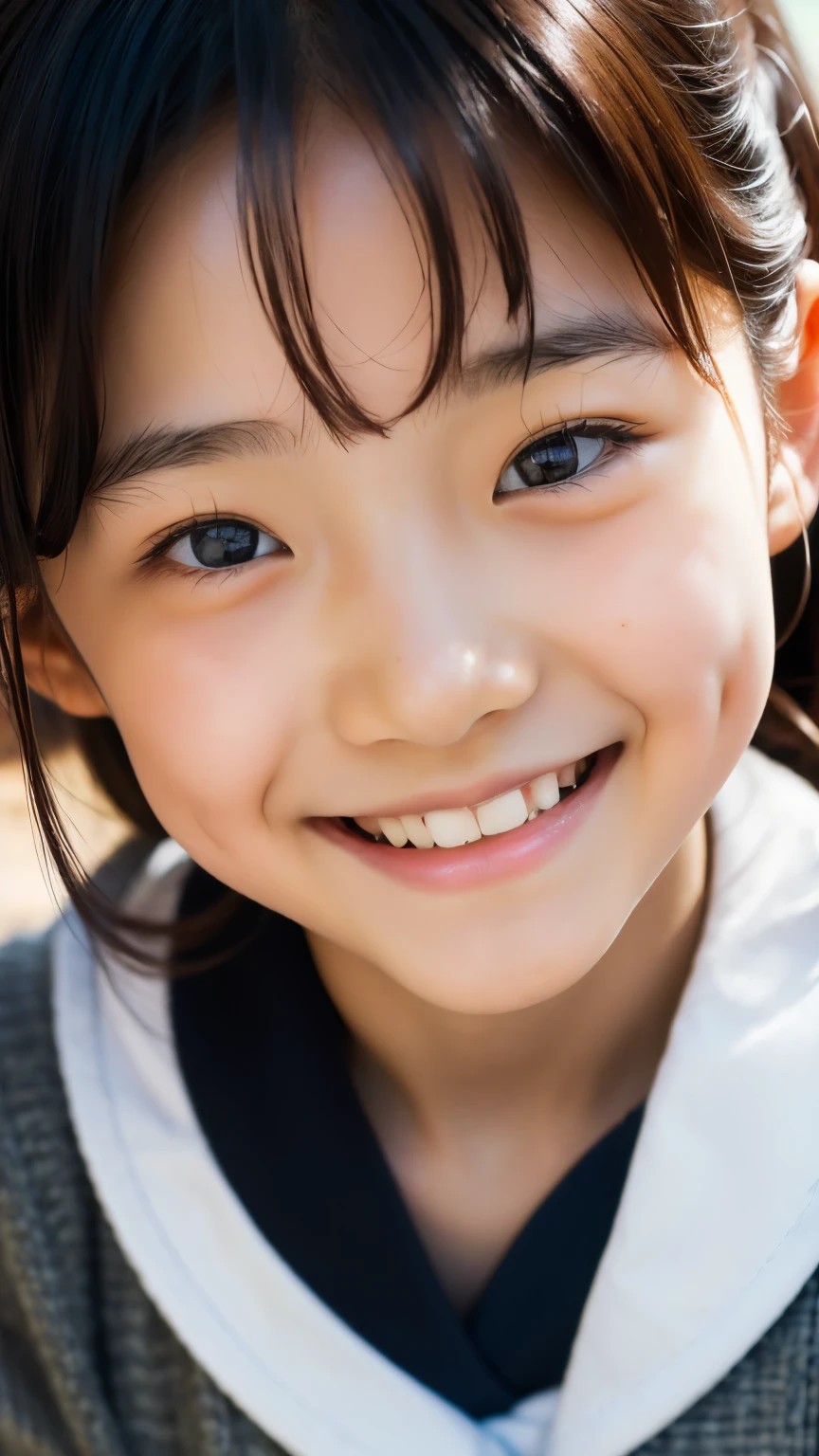 lens: 135mm f1.8, (highest quality),(RAW Photos), (Tabletop:1.1), (Beautiful 8 year old Japanese girl), Cute face, (Deeply chiseled face:0.7), (freckles:0.4), dappled sunlight, Dramatic lighting, (Japanese School Uniform), (On campus), shy, (Close-up shot:1.2), (smile),, (Sparkling eyes)、(sunlight)