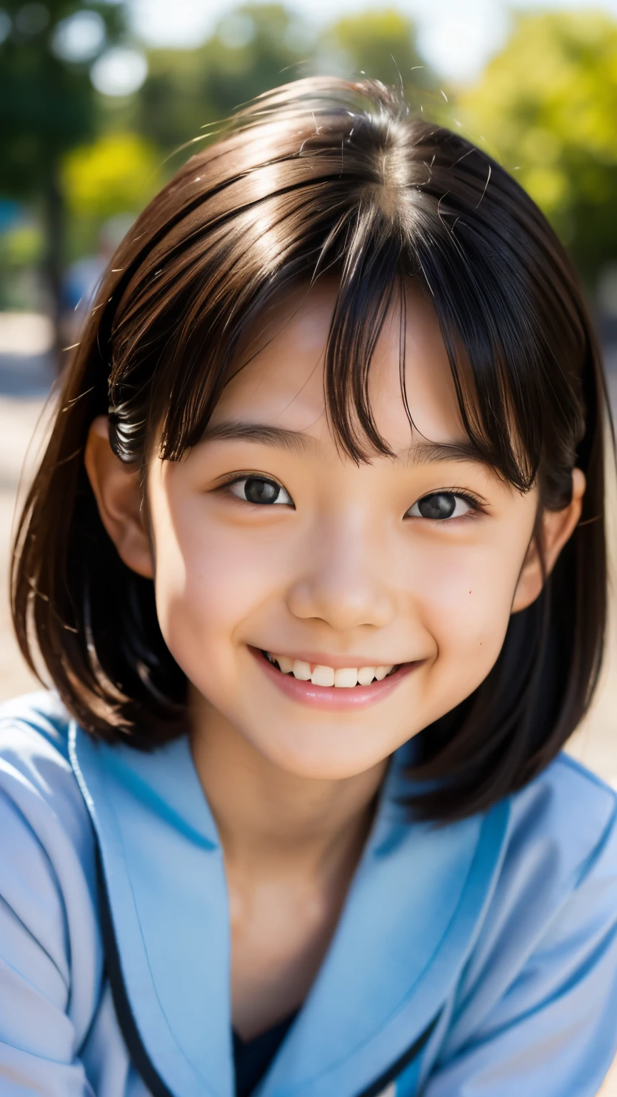 lens: 135mm f1.8, (höchste Qualität),(RAW-Fotos), (Tischplatte:1.1), (Schönes 9-jähriges japanisches Mädchen), niedliches Gesicht, (Tief gemeißeltes Gesicht:0.7), (Sommersprossen:0.4), dappled Sonnenlicht, dramatische Beleuchtung, (japanische schuluniform), (Auf dem Campus), schüchtern, (Nahaufnahme:1.2), (lächeln),, (leuchtende Augen)、(Sonnenlicht)