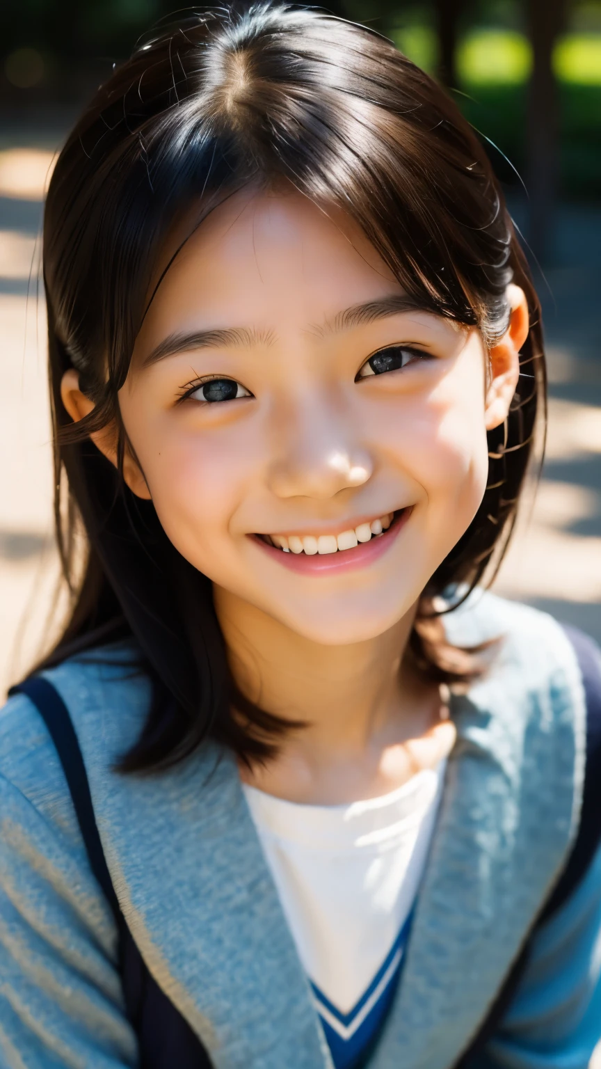 lens: 135mm f1.8, (highest quality),(RAW Photos), (Tabletop:1.1), (Beautiful 10 year old Japanese girl), Cute face, (Deeply chiseled face:0.7), (freckles:0.4), dappled sunlight, Dramatic lighting, (Japanese School Uniform), (On campus), shy, (Close-up shot:1.2), (smile),, (Sparkling eyes)、(sunlight)