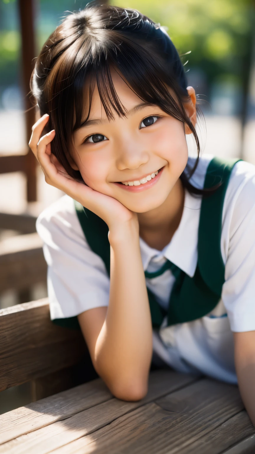 lente: 135 mm f1.8, (de la máxima calidad),(Fotos CRUDAS), (Mesa:1.1), (Preciosa niña japonesa de 10 años), Cara linda, (Cara profundamente cincelada:0.7), (pecas:0.4), dappled luz de sol, iluminación dramática, (uniforme escolar japonés), (en el campus), tímido, (fotografía de cerca:1.2), (sonrisa),, (ojos chispeantes)、(luz de sol)