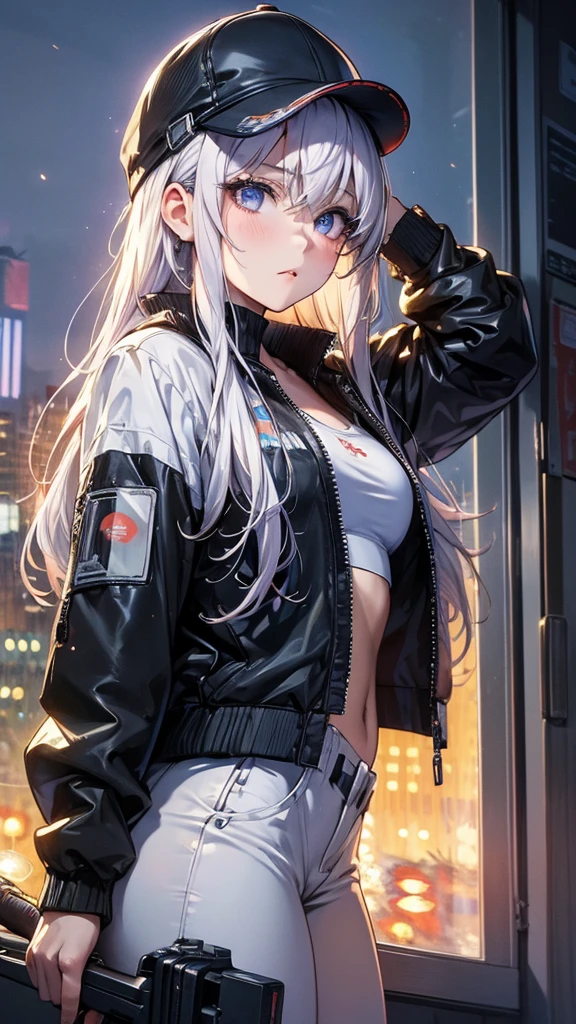 masterpiece, best quality, 4k, UHD, mishoujo, beautiful eyes and detailed face, illustration, beautiful detailed, high resolution illustration, glowing_white_particles, 1girl, white hair, light purple eye, hair over one eye, short side tail, baseball cap, expressionless, window shade, black jacket, chest rig, cyberpunk, techwear, (Impressionism:1.4), upper body portrait, cyberpunk city background, looking serious, hands behind head, 