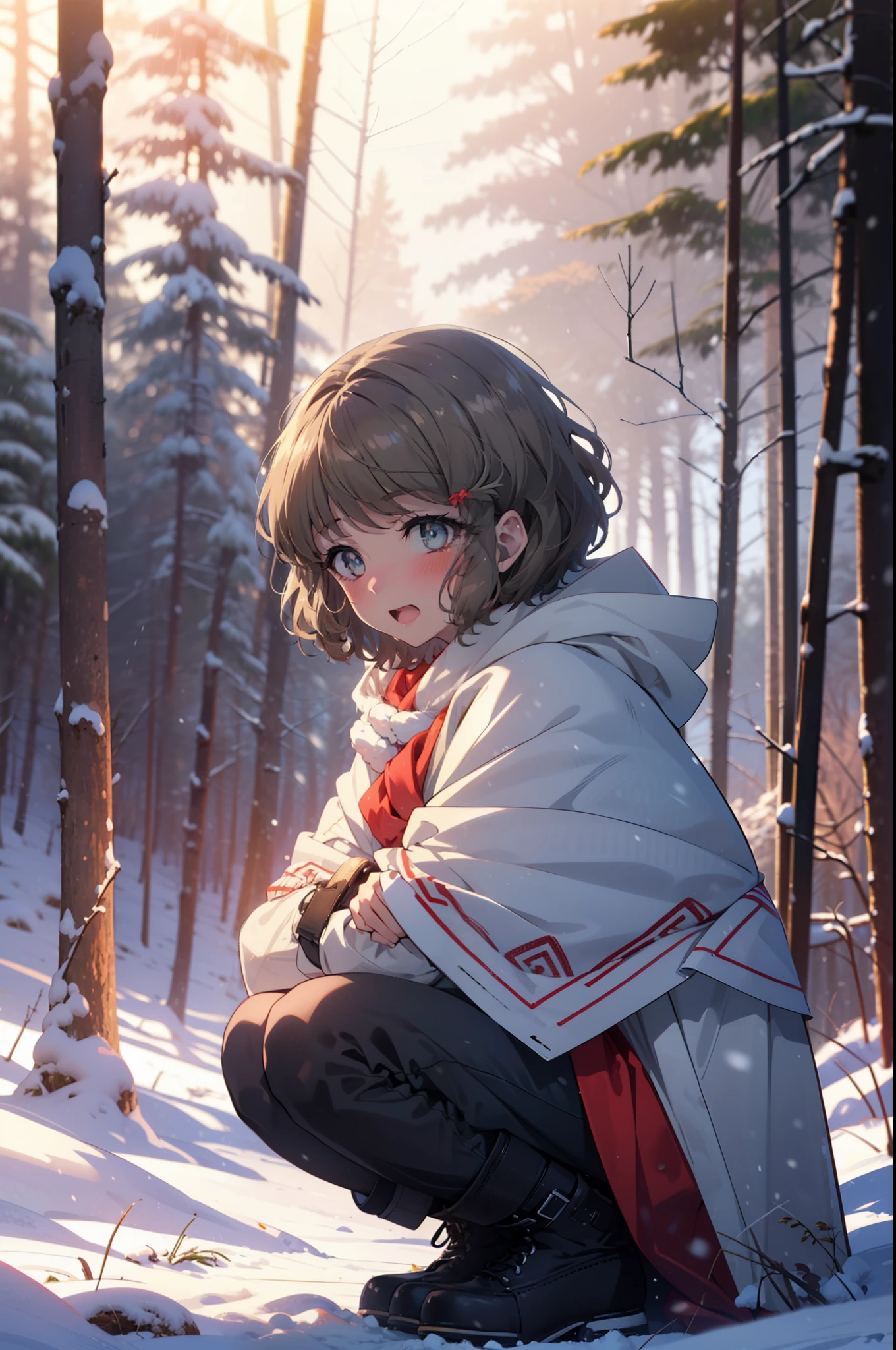 tomoekoga, Chie Koga, short hair, Brown Hair, blue eyes, hair band,smile,blush,White Breath,Medium chest,
Open your mouth,snow,Ground bonfire, Outdoor, boots, snowing, From the side, wood, suitcase, Cape, Blurred, having meal, forest, White handbag, nature,  Squat, Mouth closed, Cape, winter, Written boundary depth, Black shoes, red Cape break looking at viewer, Upper Body, whole body, break Outdoor, forest, nature, break (masterpiece:1.2), highest quality, High resolution, unity 8k wallpaper, (shape:0.8), (Beautiful and beautiful eyes:1.6), Highly detailed face, Perfect lighting, Extremely detailed CG, (Perfect hands, Perfect Anatomy),