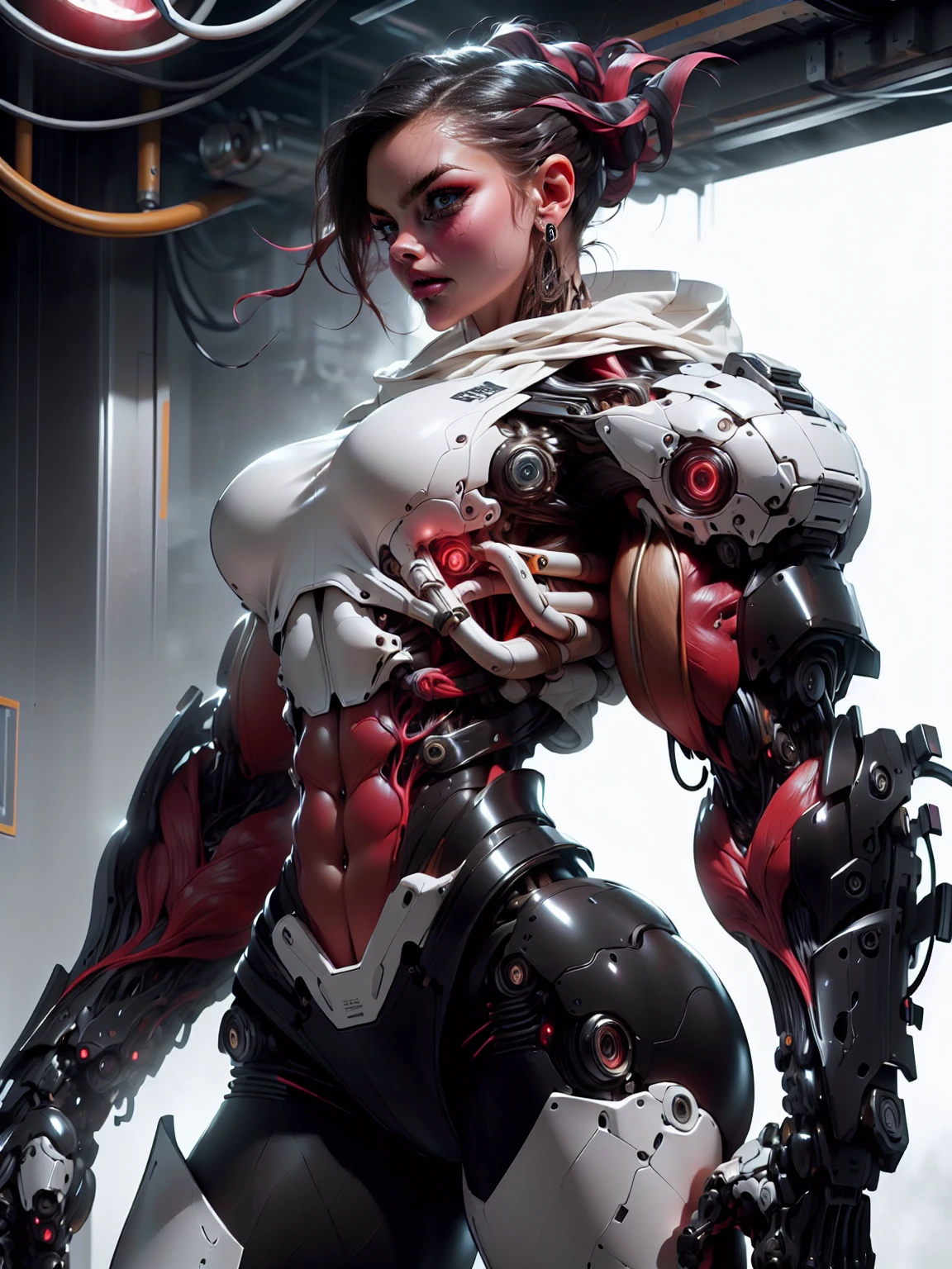 (1 girl), (cara delevingne), (muscular android girl wearing a black anatomic cybernetic muscle suit:1.25), (wide shoulders:1.25), (muscular defined physique:1.25), perfect hands, long hair, large breasts, looking at viewer, high resolution image, extreme detail, blank background