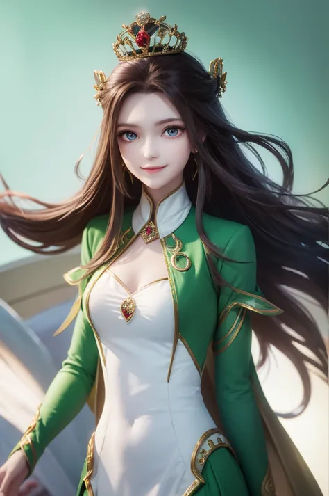 1woman, green suit, as queen, crown, smile, red eyes, white long hair,
