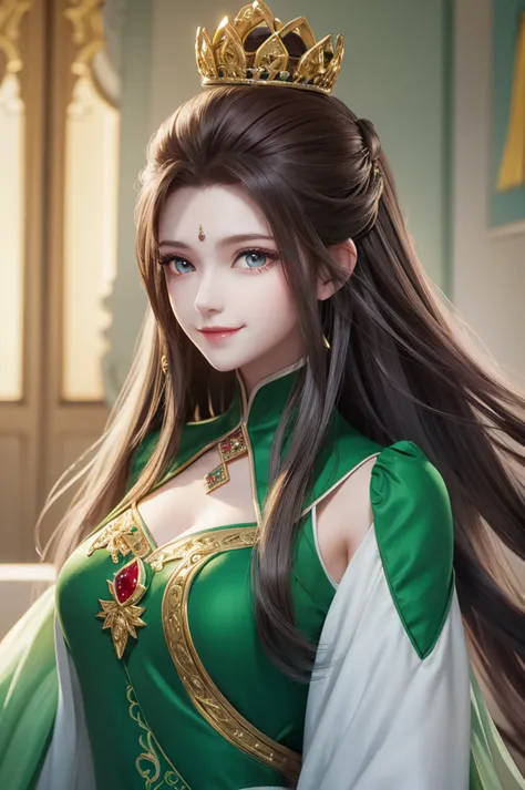 1woman, green suit, as queen, crown, smile, red eyes, white long hair,