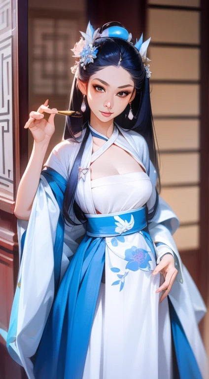 Blue and white porcelain style，Ancient Chinese Clothing，White clothing，The clothes have a blue and white pattern，Chinese Art Style，Fashion model 18 years old [[[[特写Cleavage]]]], ((大breast))(((Cleavage))))[[[[breast]]]], [[[[Cole]]]], [[[[bShoulder]]]], Perfect eyes, Perfect iris，Perfect lips，Perfect Teeth，Perfect skin，Fair skin，Soft headlight，HDR，Movie Girl，White hair，The expression is melancholy，Background with ancient Chinese interior decoration，4k ultra high definition, Ultra-high resolution, (Reality: 1.4), best quality，masterpiece，Super dilution，（Pastel colors：1.2）