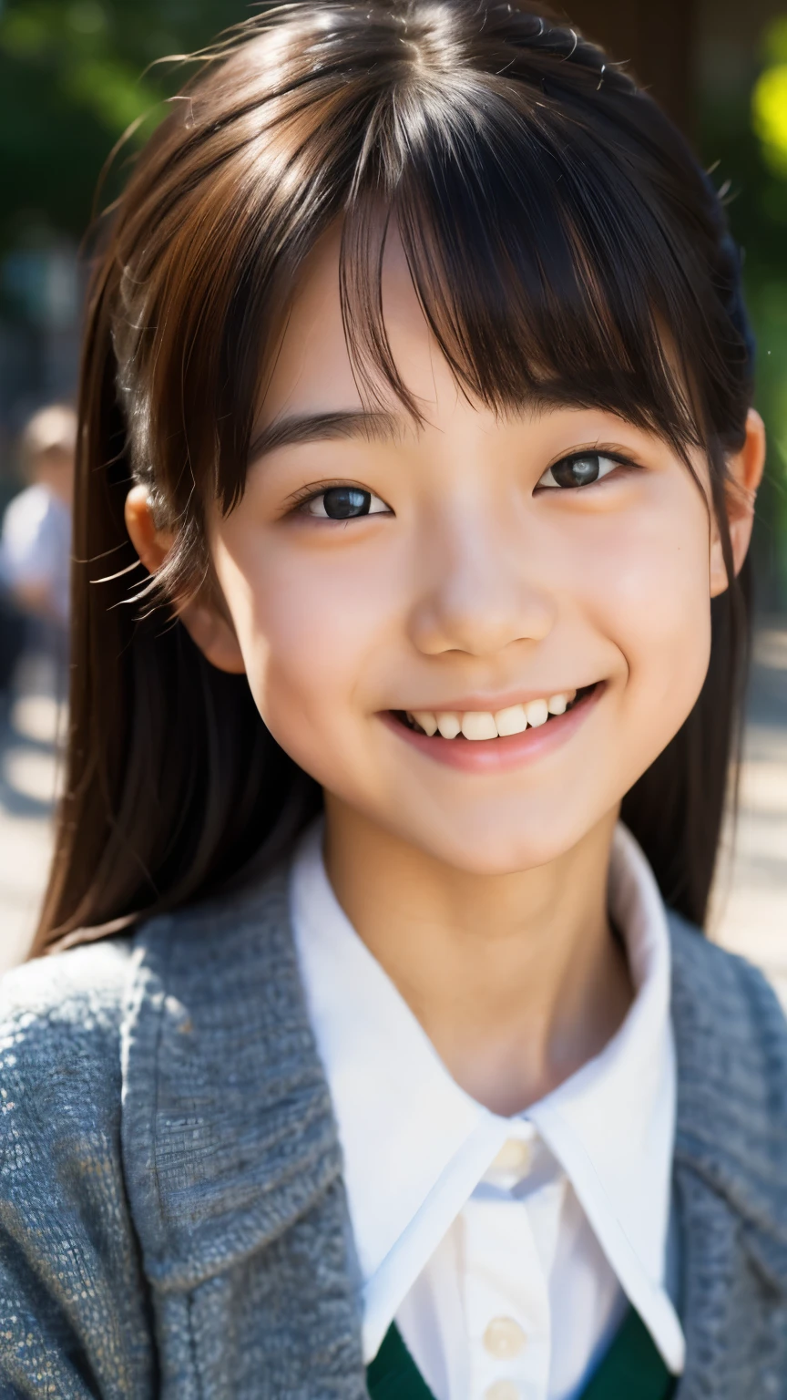 lens: 135mm f1.8, (highest quality),(RAW Photos), (Tabletop:1.1), (beautiful 12 year old japanese girl), Cute face, (Deeply chiseled face:0.7), (freckles:0.4), dappled sunlight, Dramatic lighting, (Japanese School Uniform), (On campus), shy, (Close-up shot:1.2), (smile),, (Sparkling eyes)、(sunlight)