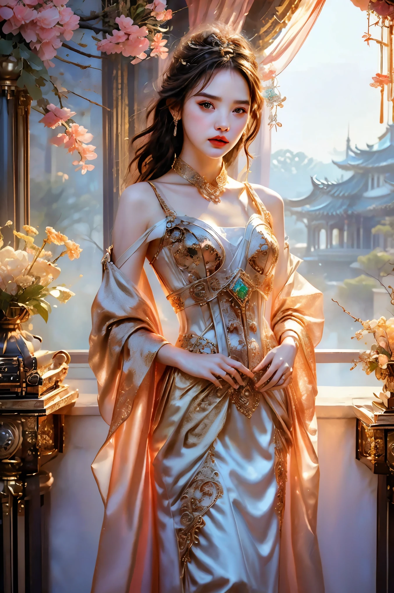 (Filigree:1.3)，(Steampunk:1.4)，1 young girl，DetailBeautiful skin，Face focus，detailed eyes，Upper Body，Anger，Satire，Akimbo，blaming，Anger，frown，indifferent，arrogant，detailed ruffles，(super hero)，Wet lips，gorgeous accessories，gorgeous accessories，Silver冠，gorgeous bracelet，gorgeous ring，PRİNCESS，Fantasy World，palace，whole body，((miranda kerr, GAL GADOT, kendell jenner, lalisa manobal, Charlize Theron, Dakota Johnson, Emma Watson  face))，(diamond exceeds:1.4)，diamond，Red gem，Tattoo below belly button，prestige，gorgeous，luxury，Royal Palace，Jewelry，gem，Money，Silver，diamond，flash，Blue gem，Red gem，Emerald，pearl，amber，obsidian，Tattoo，Orange Eyes，(Pelvic Curtain:1.5)，Aperture 1.4，(Length Depth:1.4), masterpiece，Best quality，detailed