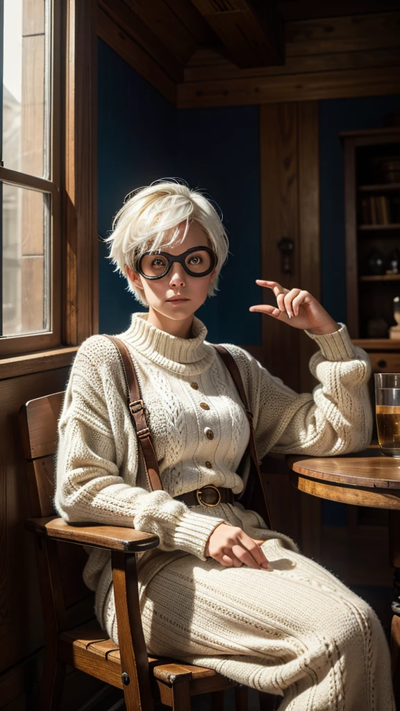 Un impactante retrato de una mujer con el pelo corto y blanco., vestido con un acogedor conjunto de punto y gafas de inspiración steampunk. está sentado en una silla de madera antigua, su pelaje muestra una impresionante variedad de colores vivos, desde azules profundos hasta reflejos dorados. Sus ojos tienen un brillo misterioso cuando mira a lo lejos.. El fondo es una mezcla de suave luz natural y efectos volumétricos., creando una atmósfera cinematográfica. A través de la ventana se puede ver la torre del reloj., sus manecillas señalan una hora misteriosa. La imagen de alta calidad, capturado en fotografía artística de 8k, muestra la capacidad del artista para crear arte conceptual fotorrealista que cautiva al espectador.