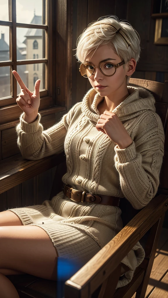 A striking portrait of a woman with short white hair, dressed in a cozy knitted outfit and steampunk-inspired goggles. is sitting in a vintage wooden chair, his fur displaying a stunning array of vivid colors, from deep blues to golden highlights. His eyes have a mysterious glow when he looks into the distance. The background is a mix of soft natural light and volumetric effects, creating a cinematic atmosphere. A clock tower can be seen through the window, its hands pointing to a mysterious hour. The high-quality image, captured in 8k fine art photography, showcases the artist's ability to create photorealistic conceptual art that captivates the viewer.