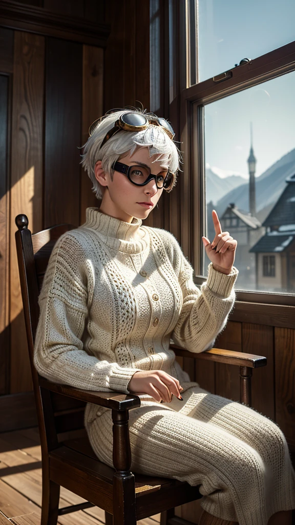 A striking portrait of a woman with short white hair, dressed in a cozy knitted outfit and steampunk-inspired goggles. is sitting in a vintage wooden chair, his fur displaying a stunning array of vivid colors, from deep blues to golden highlights. His eyes have a mysterious glow when he looks into the distance. The background is a mix of soft natural light and volumetric effects, creating a cinematic atmosphere. A clock tower can be seen through the window, its hands pointing to a mysterious hour. The high-quality image, captured in 8k fine art photography, showcases the artist's ability to create photorealistic conceptual art that captivates the viewer.