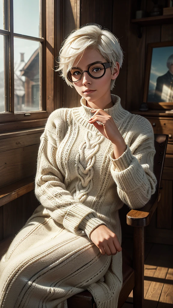 A striking portrait of a woman with short white hair, dressed in a cozy knitted outfit and steampunk-inspired goggles. is sitting in a vintage wooden chair, his fur displaying a stunning array of vivid colors, from deep blues to golden highlights. His eyes have a mysterious glow when he looks into the distance. The background is a mix of soft natural light and volumetric effects, creating a cinematic atmosphere. A clock tower can be seen through the window, its hands pointing to a mysterious hour. The high-quality image, captured in 8k fine art photography, showcases the artist's ability to create photorealistic conceptual art that captivates the viewer.