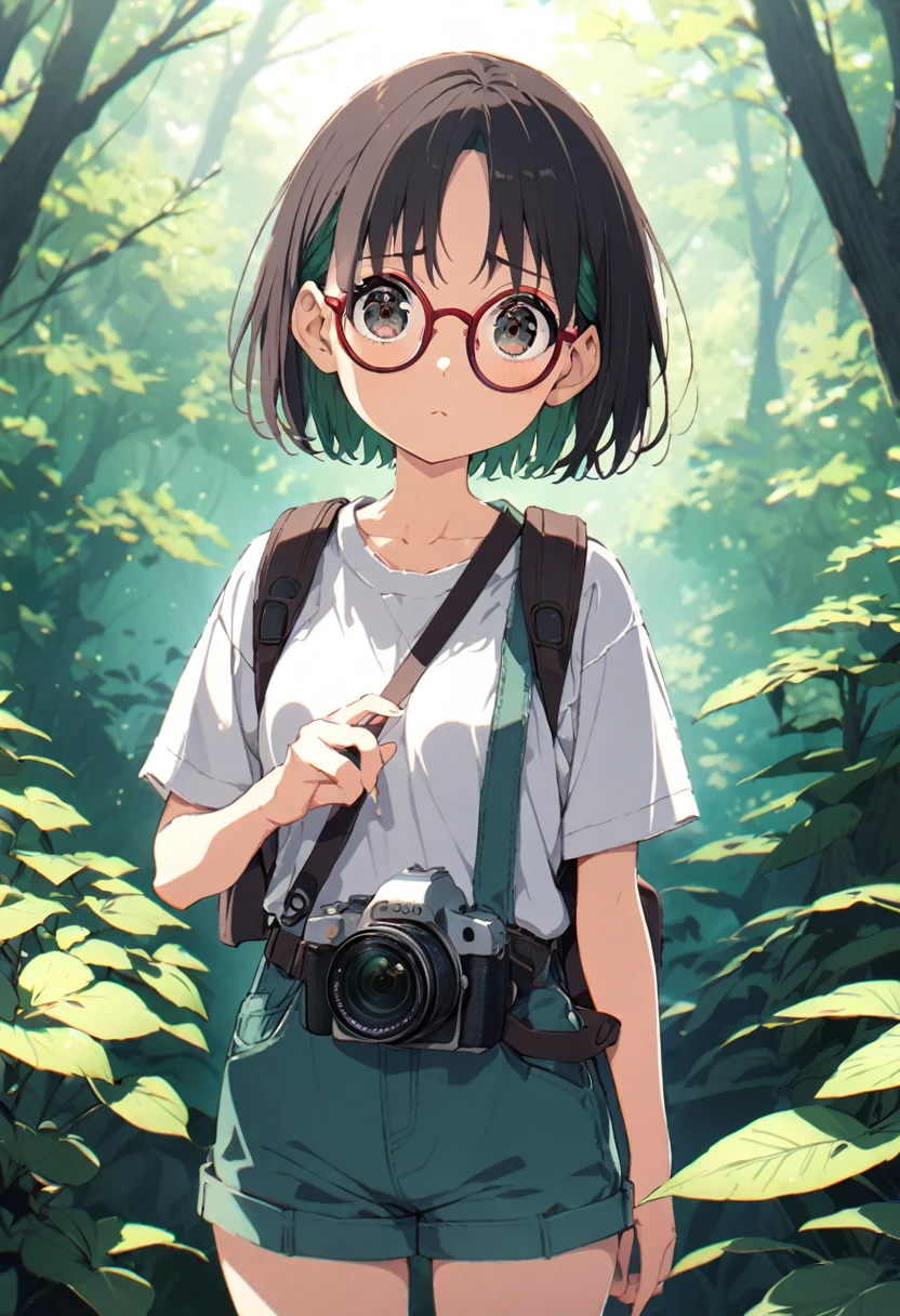 masterpiece, best quality, extremely detailed, high resolution, Japanese anime, cowboy shot,((no hat:1.3)), 1girl, BREAK (emerald colored hair:1.2), very short hair, parted bangs, dark brown eyes, (tareme, with eyelashes), BREAK (red frame glasses:1.3), (beautiful detailed eyes:1.2), shy, 16 -year-old ,150cm tall, Skinny, medium breasts, original character, fantasy, ((Sunlit Forest), green background:1.2), (beautiful fingers:1.3),(Have a camera, camera,Take a photo), BREAK(backpack:1.2), overall, white colored T-shirt, shoot from front, looking at viewer