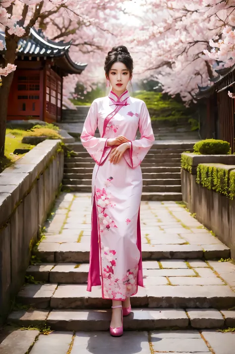 Girl wearing pink antique long cheongsam，Turn your head 45 degrees to the left，Direct vision，Very delicate face，Body slightly tilted to the right，The left foot is in front，The right foot is behind，Hands together，Black curly hair，Style reference: Sword King...