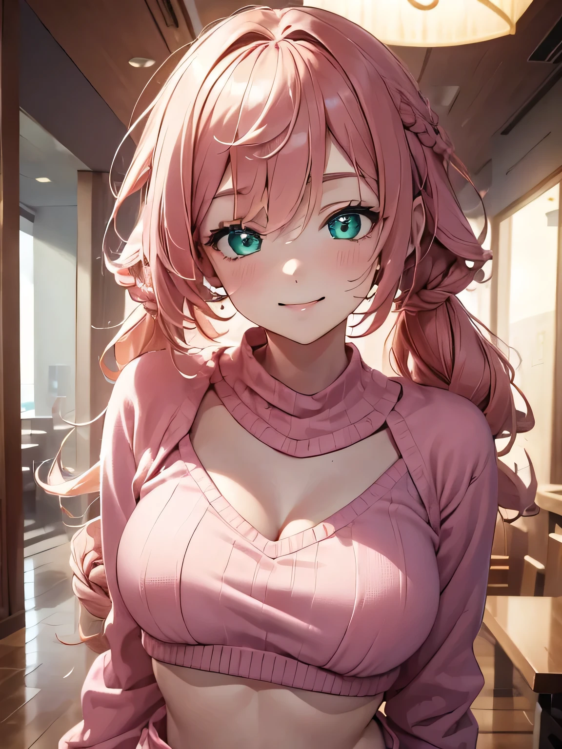 (masterpiece, best quality:1.4), 8k, Salmon Hair, Messy Braided hair, Young adult, anime girl, smile, teasing, light Green Eyes, big chest, in the Mall, pink cropped Sweater, pink sweatpants, Pink (detailed eyes and face, sharp pupils, realistic pupils:0.6)