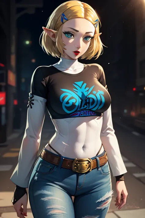 Zelda, green eyes, short hair ,1girl, solo, standing, black t-shirt, white shirt, blue jeans, belt, lipstick, large breasts, lay...