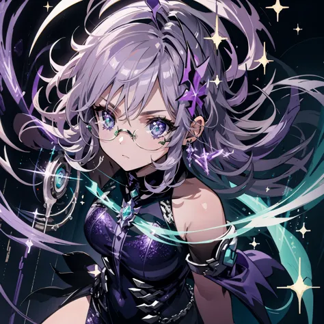 (((purple, Silver, Sparkle)), Fairy), Limited edition palette, contrast, Incredible aesthetics, highest quality, Amazing artwork、dance、Glasses、Green Eyes