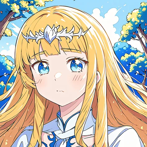  anime. soft lighting, anime,artwork in the style of Gweiz,  portrait of anime, 1girl, solo, calca, blonde hair, , medium chest, extremely long hair, very long hair, extra long hair, white tiara, white dress, blue eyes, forest background, daytime, beautifu...