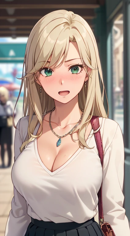 ((masterpiece, best quality, highres, UHD, RTX, perfect pixel, depth of field, 4k, extremely-detailed))), 1girl, single, solo, beautiful anime girl, beautiful artstyle, anime character, ((long hair, parted bangs, middle part hair bangs, blonde hair)), ((green eyes:1.4, rounded eyes, beautiful eyelashes, realistic eyes)), ((detailed face, blushing:1.2)), ((smooth texture:0.75, realistic texture:0.65, photorealistic:1.1, anime CG style, vibrant color)), ((medium breasts, cleavage:0.9, busty)), dynamic angle, perfect body, ((POV, dynamic pose, close up, looking at viewer)), ((white sweater, long sleeve, black skirt, fashionable, single handbag, 1diamond necklace)), open mouth, embrassed, amusement park,big tits