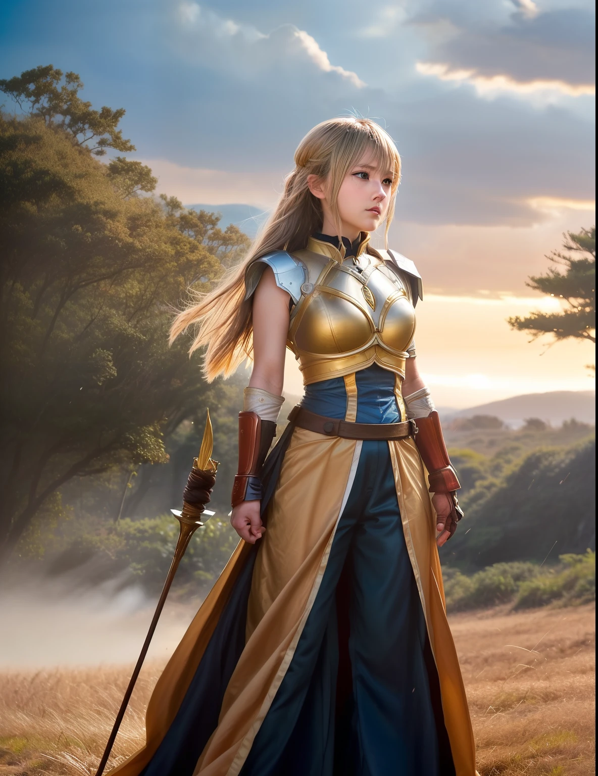 "Step into the world of Konosuba and envision a realistic portrayal of Lalatina, better known as Darkness. Imagine her standing amidst a vast, open field, the golden hues of the sunset casting a warm glow upon her armor-clad figure. Her posture is upright, yet there's a subtle tension in her stance, hinting at a readiness for battle. The intricate details of her armor catch the light, reflecting a sense of resilience and strength. But it's her eyes that draw you in – deep pools of determination, tinged with a hint of vulnerability. As the wind tousles her hair, strands of it dance gently around her face, framing features that speak of both nobility and earnestness. Despite the armor, there's a softness to her expression, a kindness that belies her warrior exterior. In the distance, the faint sounds of nature mingle with the rustle of leaves, creating a serene backdrop to this moment of introspection. You can almost feel the weight of her convictions, the inner conflict between duty and desire, as she gazes into the horizon with unwavering resolve. This portrayal captures Lalatina in a raw, authentic light, transcending the boundaries of animation to evoke a sense of realism and depth to her character."