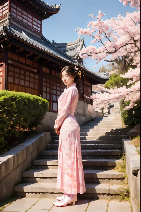 Girl wearing pink antique long cheongsam，Turn your head 45 degrees to the left，Direct vision，Very delicate face，Body slightly tilted to the right，The left foot is in front，The right foot is behind，Hands together，Black curly hair，Style reference: Sword King...