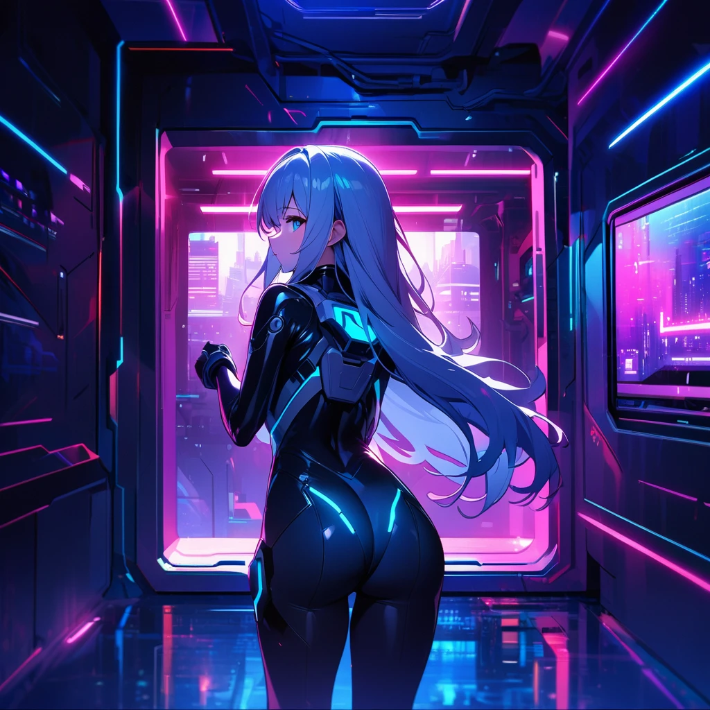 High quality, high definition images, full HD、
8k.1 girl( white long hair),Futuristic blue and white pilot suit,blue eyes,
In a modern cyber room,Standing through the window,A modern city outside the window, many searchlights are shining,cowboy shot,Shot from behind diagonally